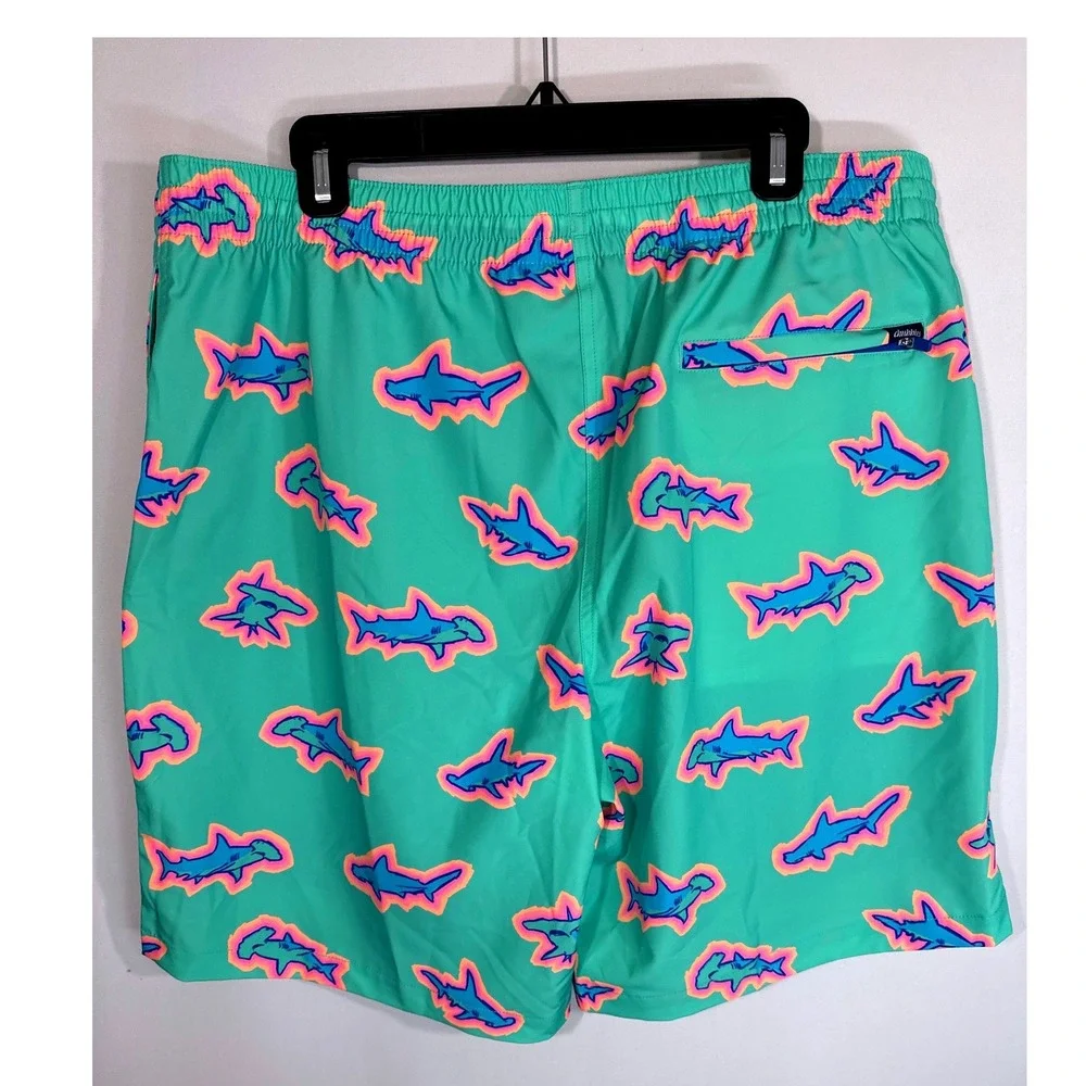 Chubbies Swim Trunks Teal Blue Pink Shark Print Drawstring Pockets Mens XXL NWOT